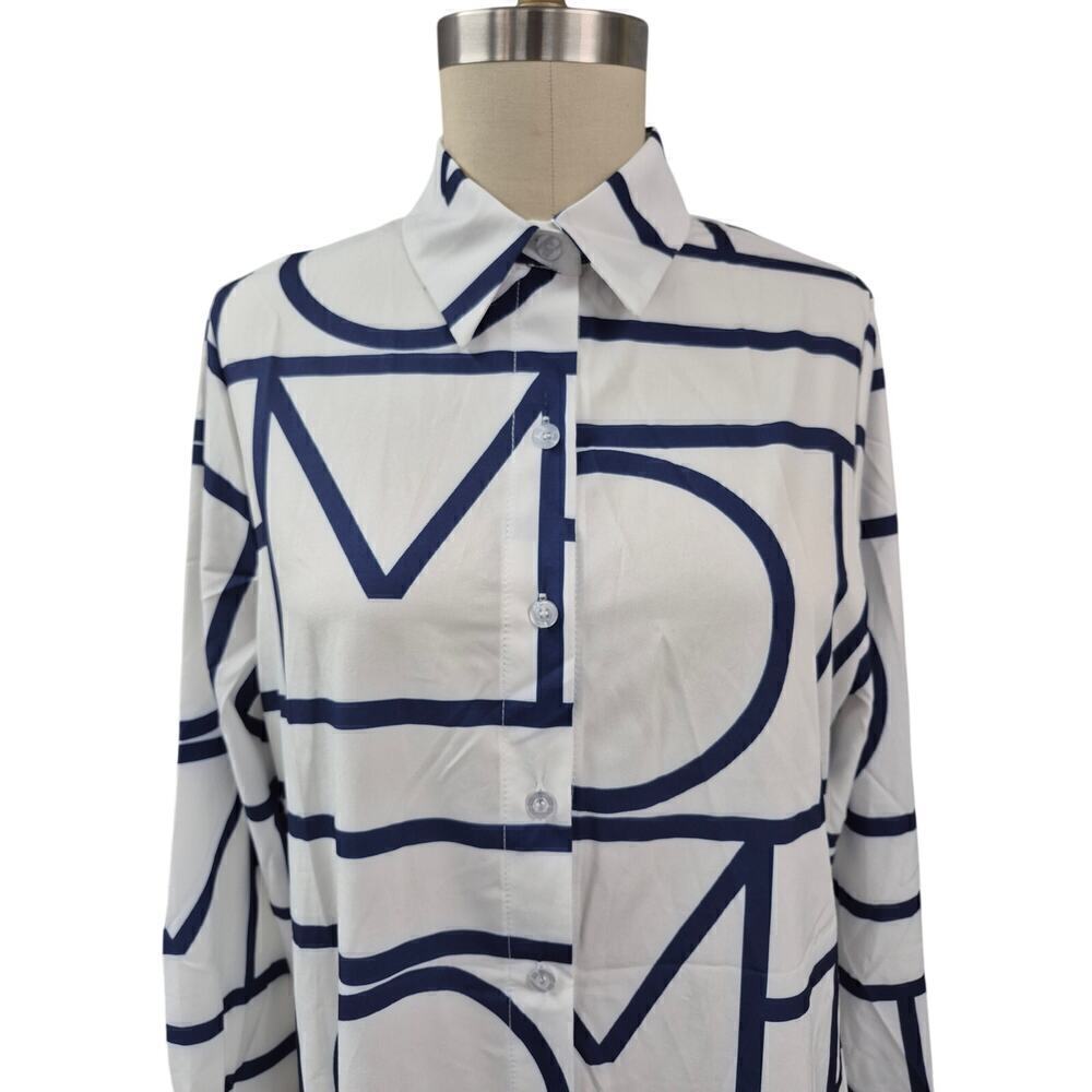 Long white shirt dress Navy blue geometric shapes long sleeves Sz L